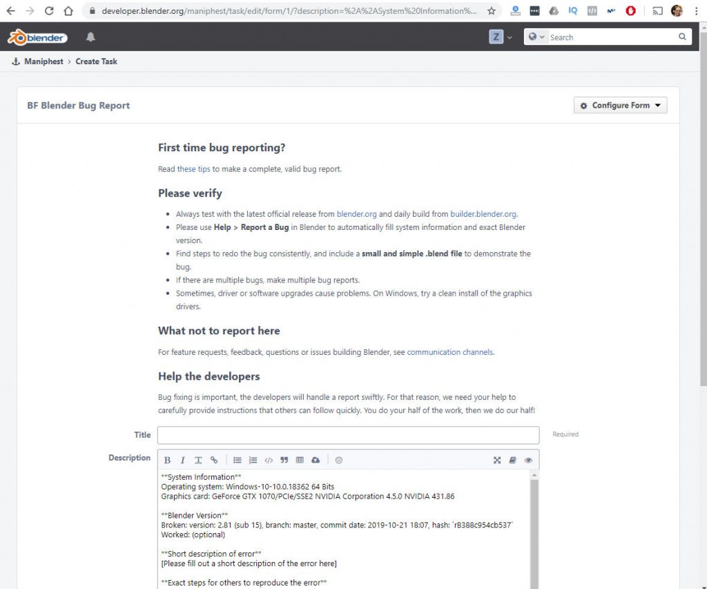 informando de un error blender