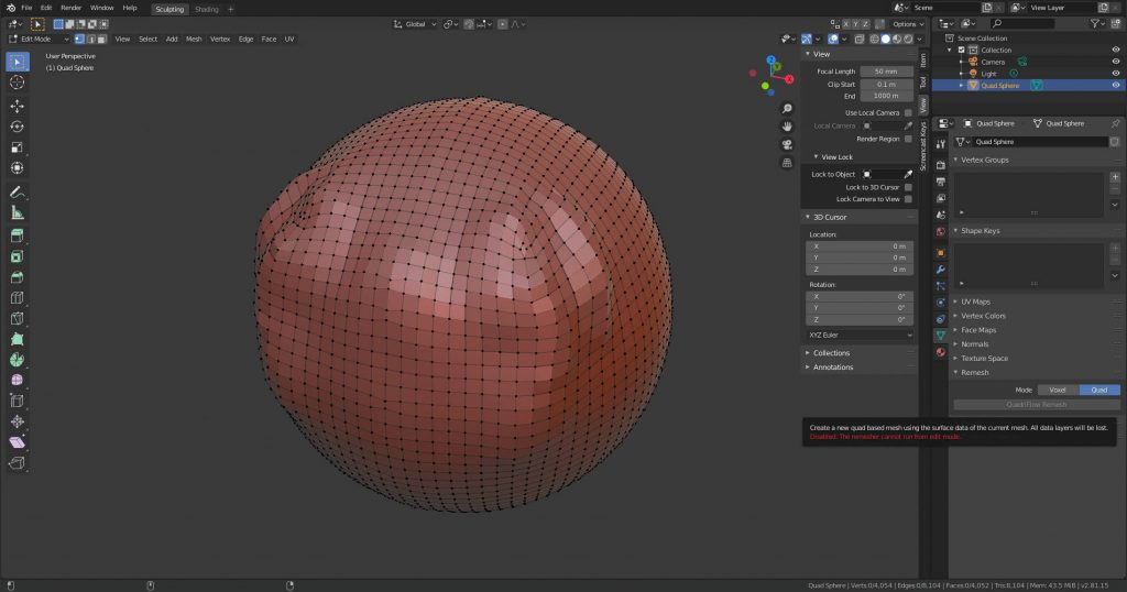 Blender 2.81 para noviembre de 2019 1 Malla calculada con Remesh > Quad