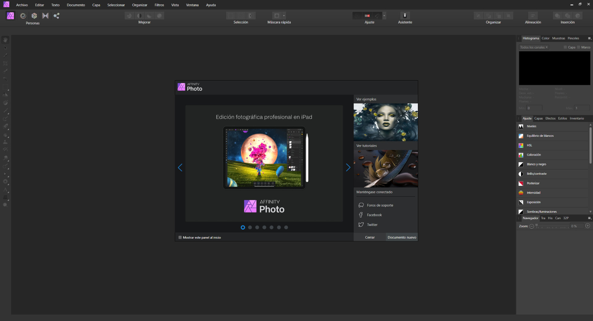 La interfaz de Affinity Photo