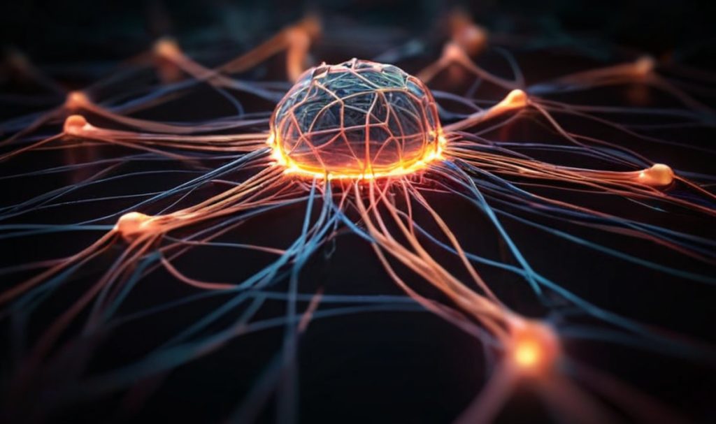 Una red neuronal estilizada con conexiones luminosas, simbolizando la inteligencia artificial y el aprendizaje profundo