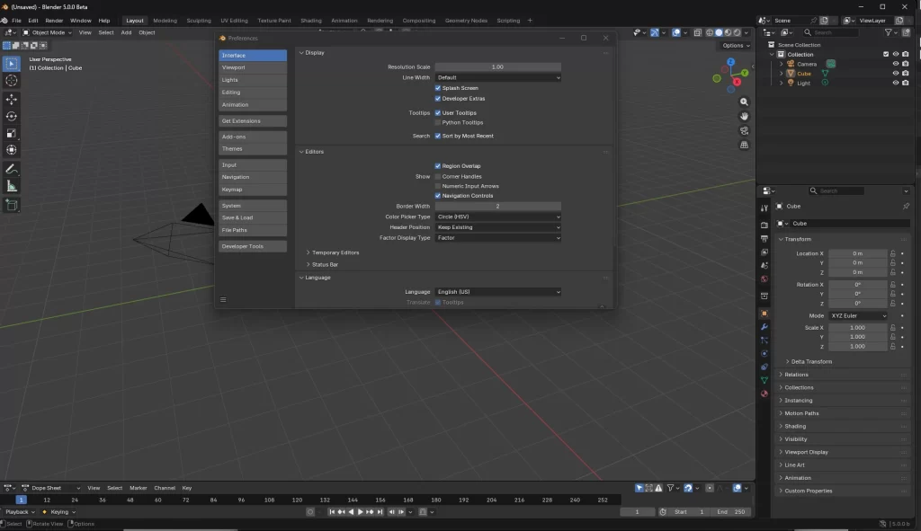 Preferencias centradas en Blender 5.0