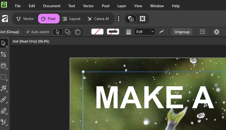 Detalle de la interfaz de Affinity mostrando los 3 modos y el nuevo Canva AI