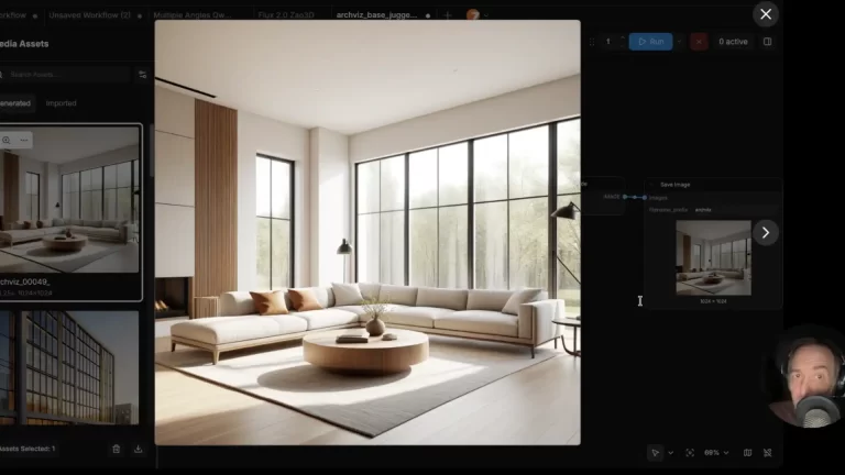 Interior minimalista generado con ComfyUI y JuggernautXL: salón con luz natural, ventanales grandes y materiales cálidos