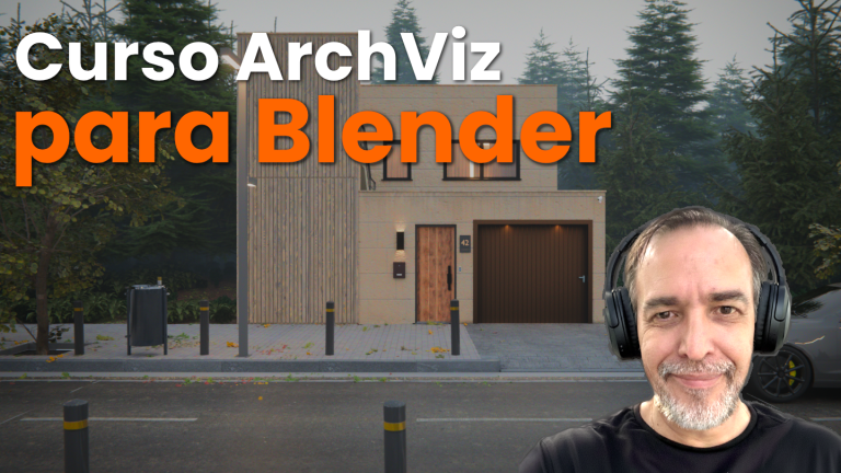 Miniatura del vídeo promocional del curso de ArchViz en Blender con el rostro del autor en primer plano, una casa moderna renderizada al fondo y el texto “Curso ArchViz para Blender”.