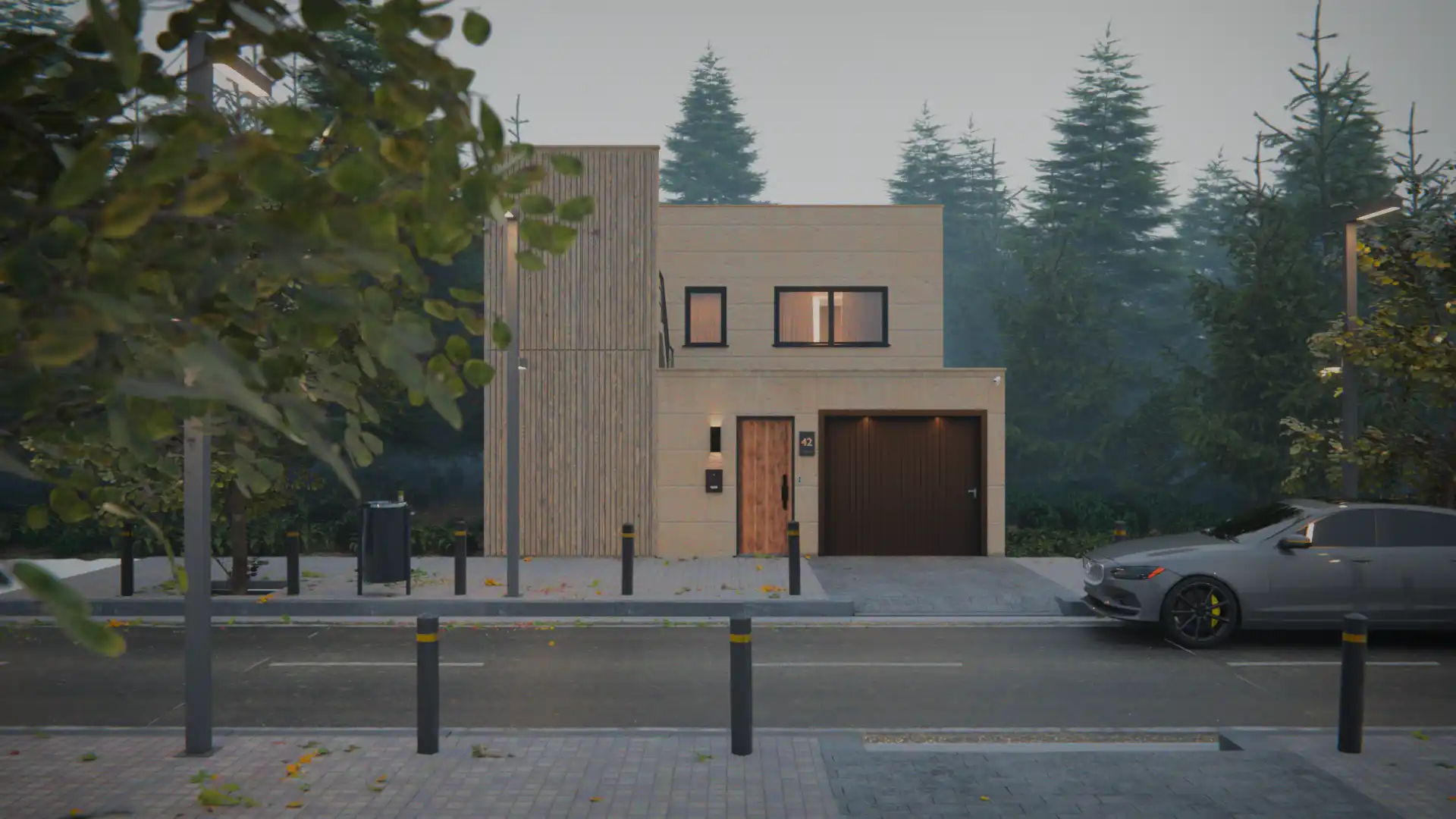 Render exterior de una vivienda moderna en Blender, vista frontal desde la calle, con fachada de madera y piedra, entorno arbolado, iluminación suave y un coche gris aparcado a la derecha.