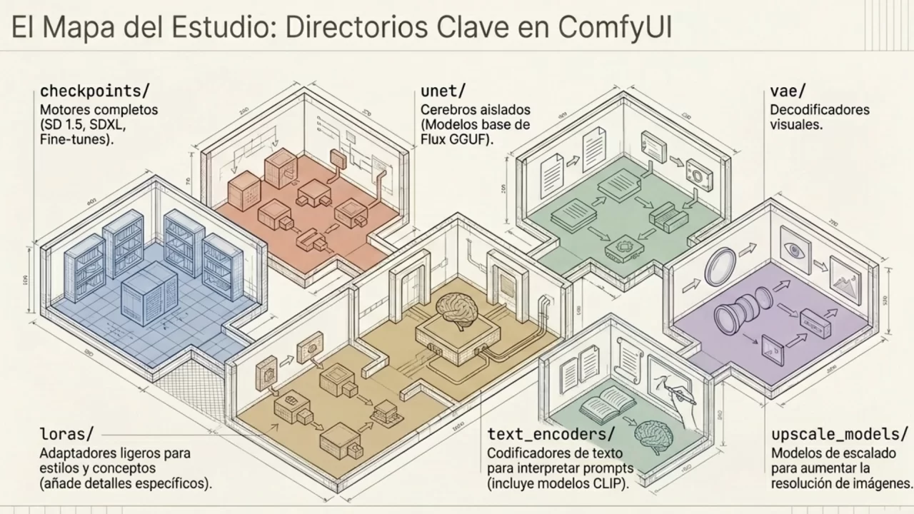 Modelos y compatibilidades 6 Mapa de directorios de ComfyUI: checkpoints, unet, vae, loras, text_encoders y upscale_models explicados visualmente