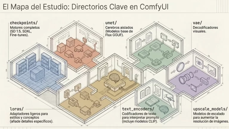 Mapa de directorios de ComfyUI: checkpoints, unet, vae, loras, text_encoders y upscale_models explicados visualmente