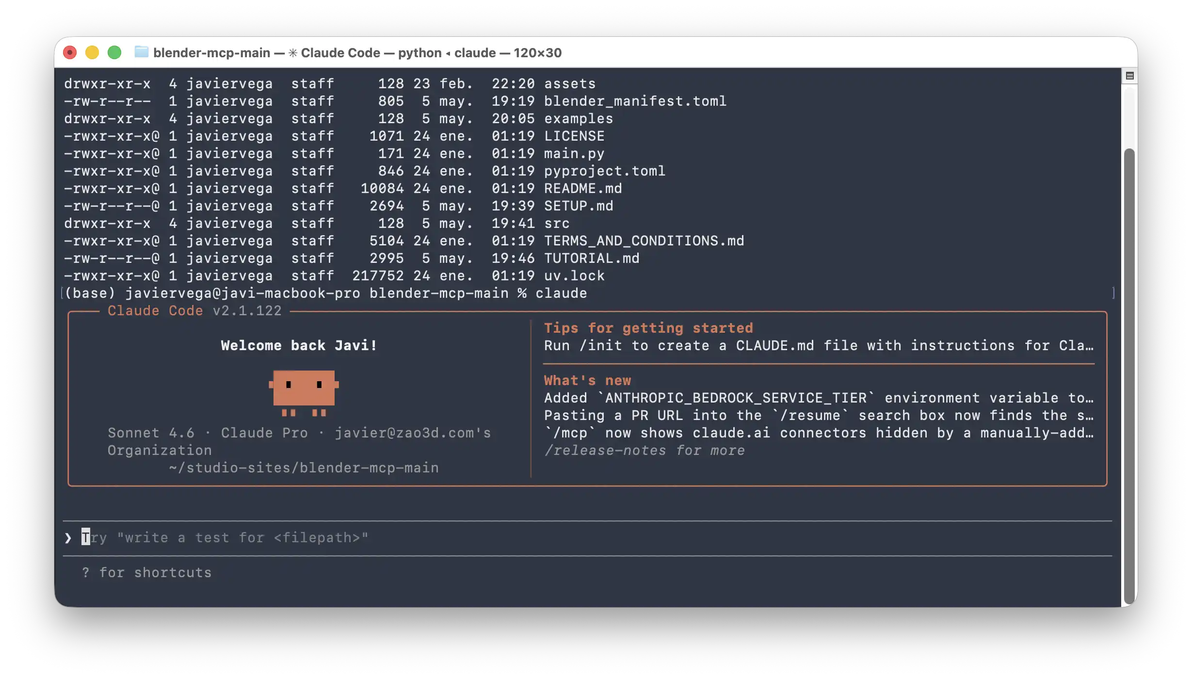 Anthropic, Blender y el miedo de la comunidad: mi opinión 4 Claude Code conectado al repositorio blender-mcp en el MacBook