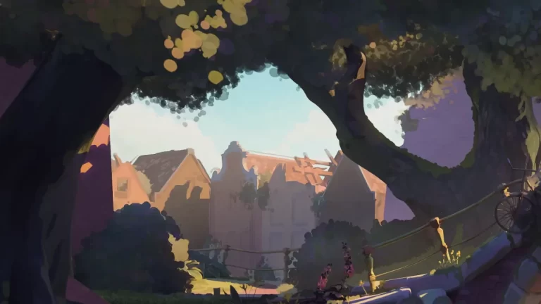 Arte conceptual de Overgrown con un mapache y un erizo sobre un puente en ruinas, rodeados por una ciudad poshumana invadida por la naturaleza.