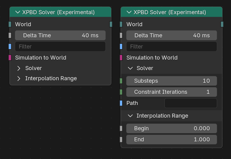 Los dos nodos experimentales para simulación de telas y pelo