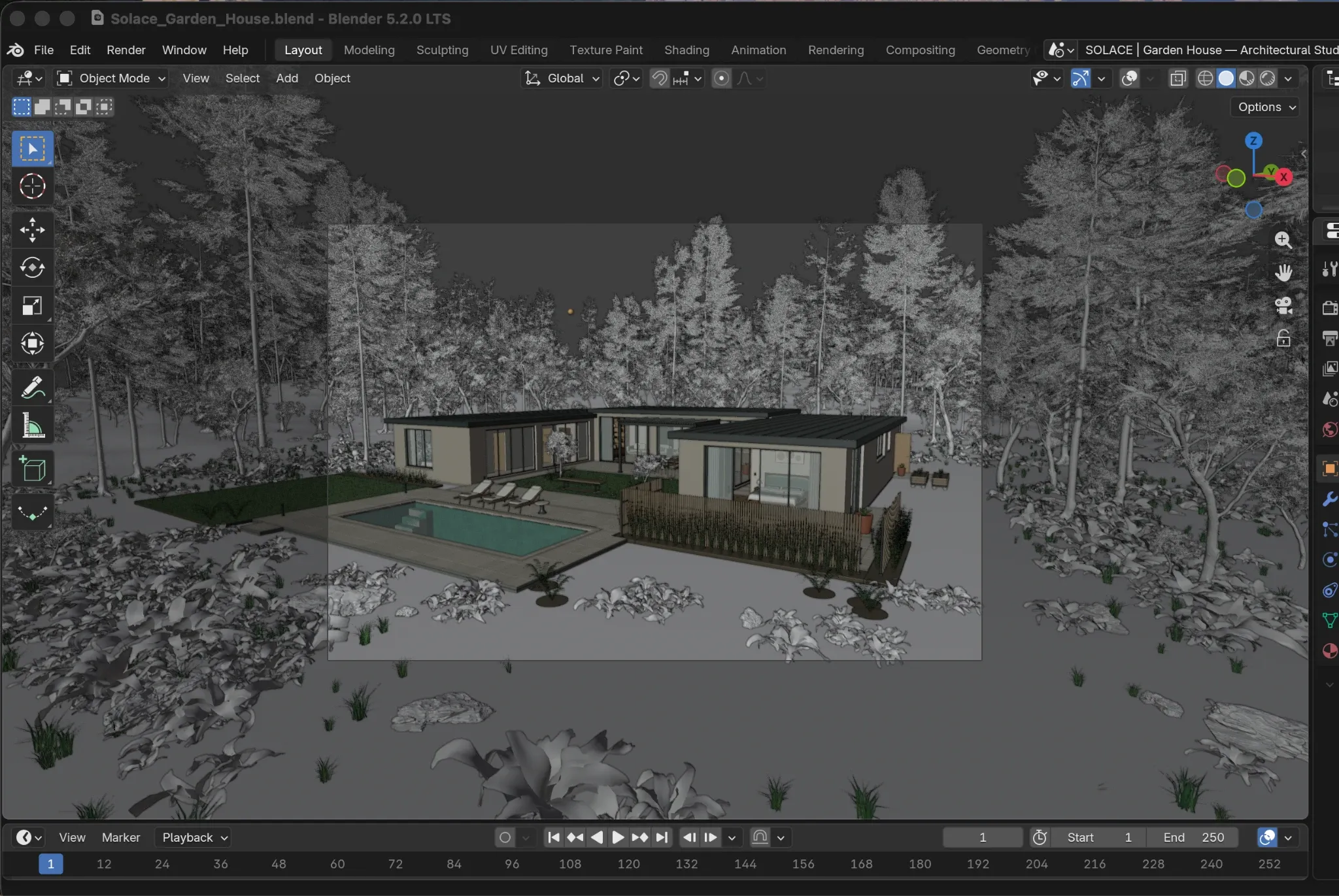 Escena de una casa moderna abierta en Blender y usada para la demo con Unreal. Realizada con la ayuda de ChatGPT 6 Astra