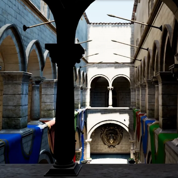Patio de Sponza con arcos y telas de colores en el vídeo de Three.js r186