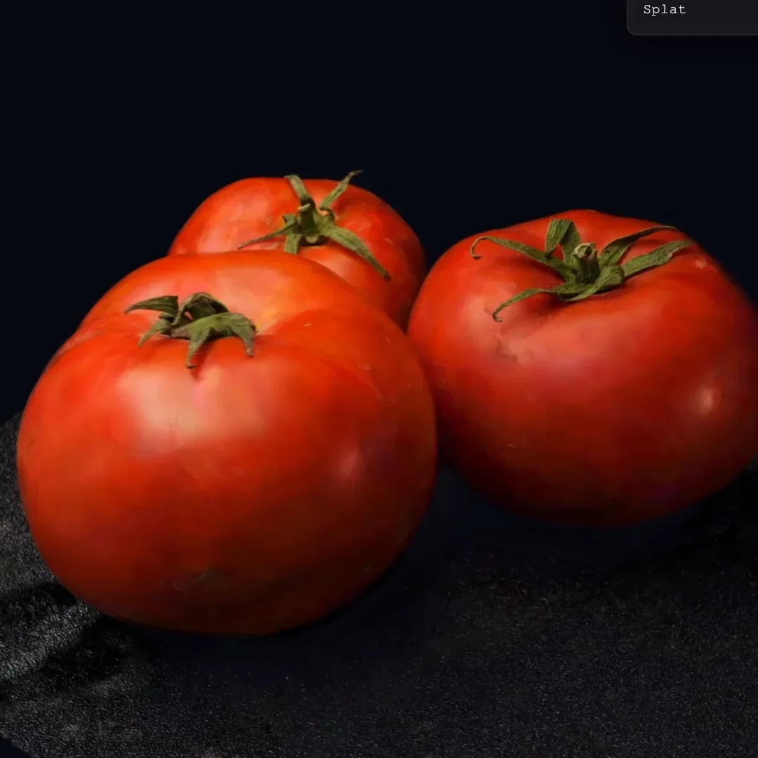 Tres tomates rojos en una captura de la demo de Gaussian Splatting